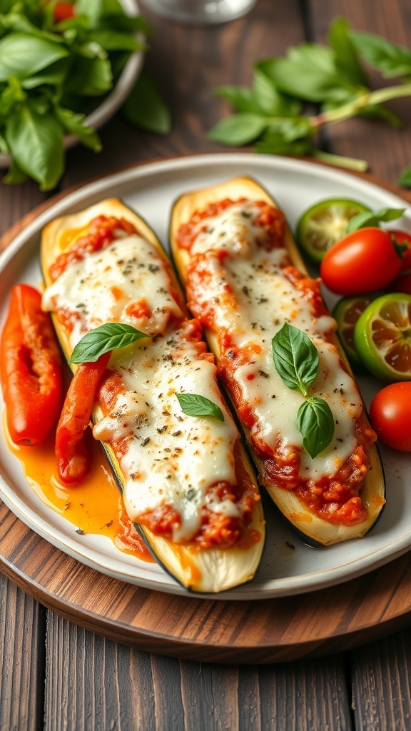 Healthy Chicken Parmesan Stuffed Zucchini with cheese, marinara, and fresh basil