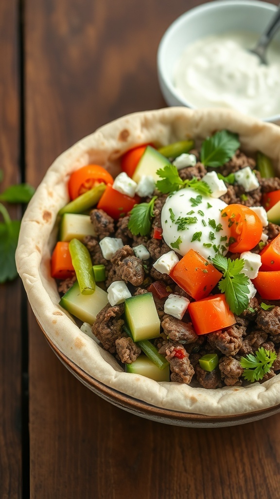 A bowl of Greek ground beef pita filled with vegetables and topped with yogurt.