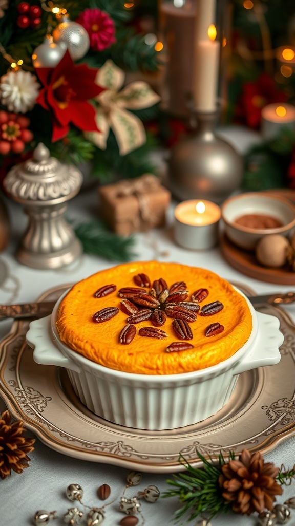 A sweet potato soufflé topped with toasted pecans, surrounded by festive decorations.