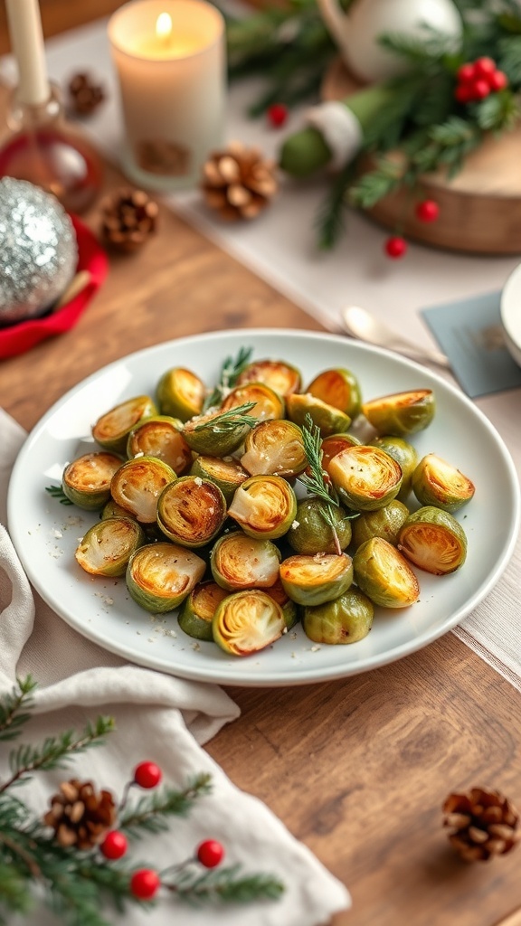 A plate of crispy Parmesan Brussels sprouts, decorated for Christmas dinner.