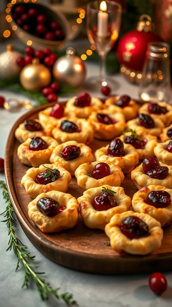 A platter of Mini Cranberry Brie Bites with festive decorations