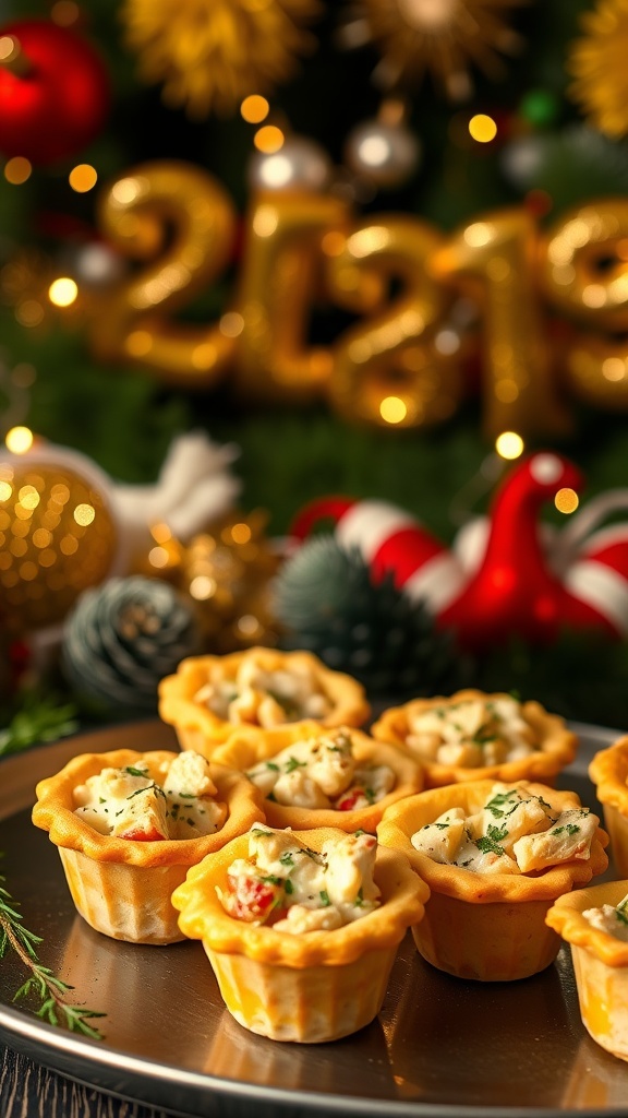 Mini chicken pot pie cups on a tray with festive decorations in the background