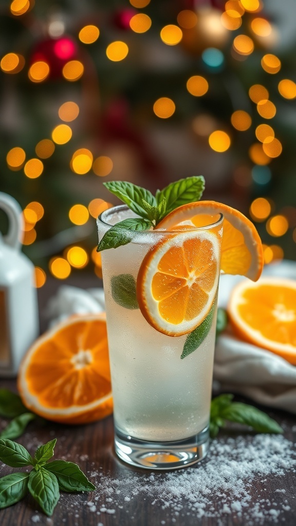 A refreshing Winter Citrus Basil Spritzer garnished with orange slices and basil leaves.