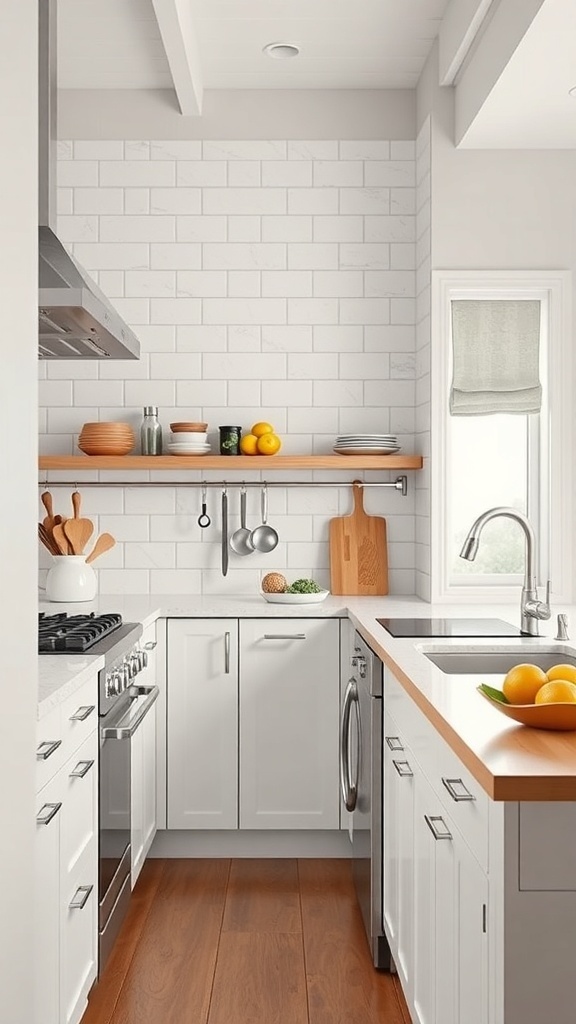 A modern galley kitchen with open shelving, a stove, sink, and fresh ingredients.