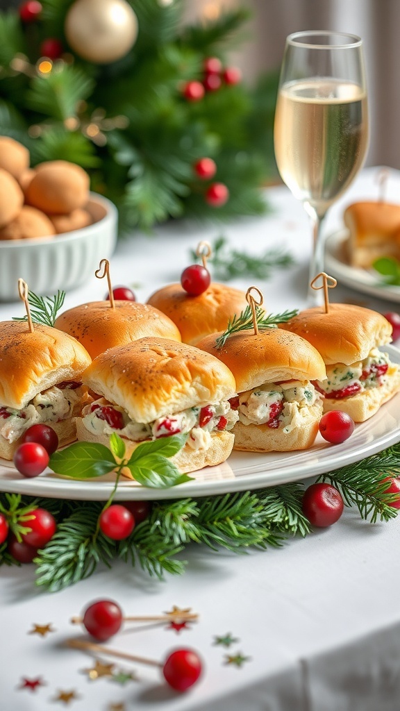 A plate of cranberry chicken salad sliders decorated with festive garnishes, surrounded by holiday decorations.
