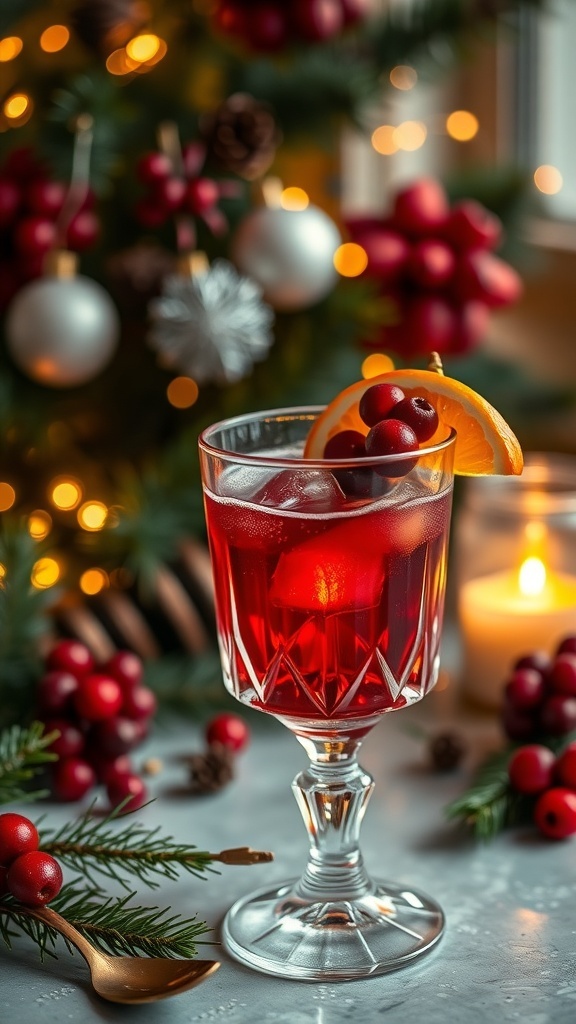 A festive Spiced Cranberry Orange Old Fashioned cocktail garnished with cranberries and an orange slice.