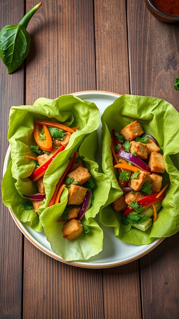 Asian Ginger Chicken Lettuce Wraps with colorful vegetables