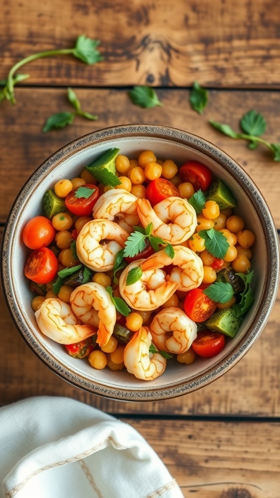 A bowl of Mediterranean shrimp and chickpea salad with colorful vegetables and herbs.