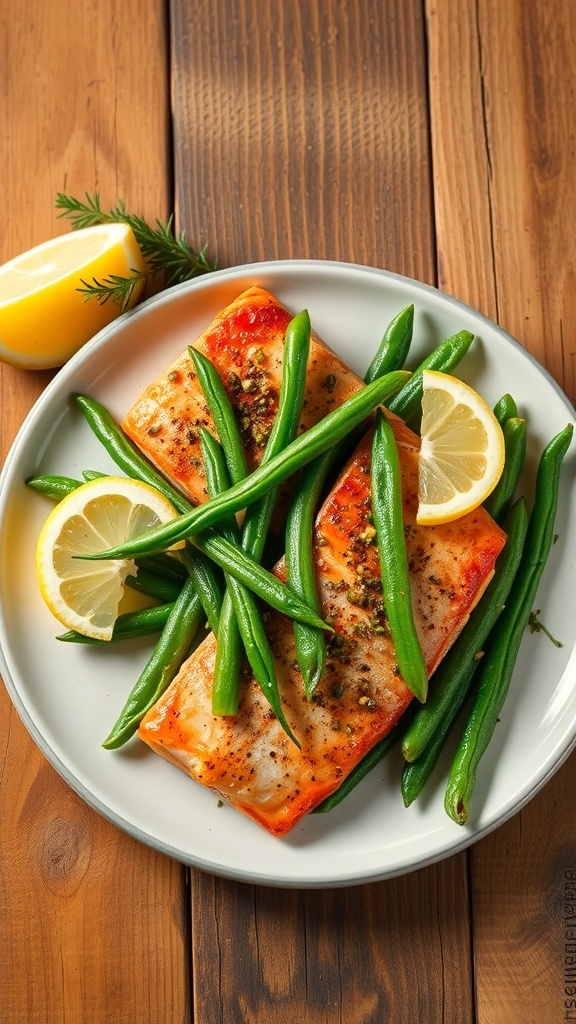 A plate of Cajun salmon with green beans and lemon slices on a wooden table.