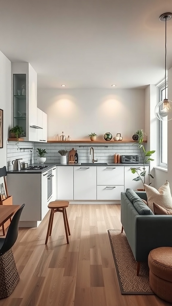 Small Kitchen Remodel A small kitchen with an open concept layout, featuring white cabinets, light wood flooring, and a cozy living area.