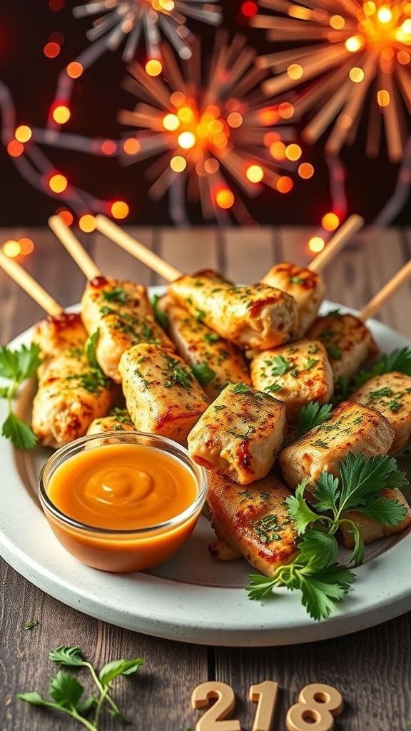 A plate of Garlic Herb Parmesan Chicken Skewers with a dipping sauce, set against a festive background of lights.