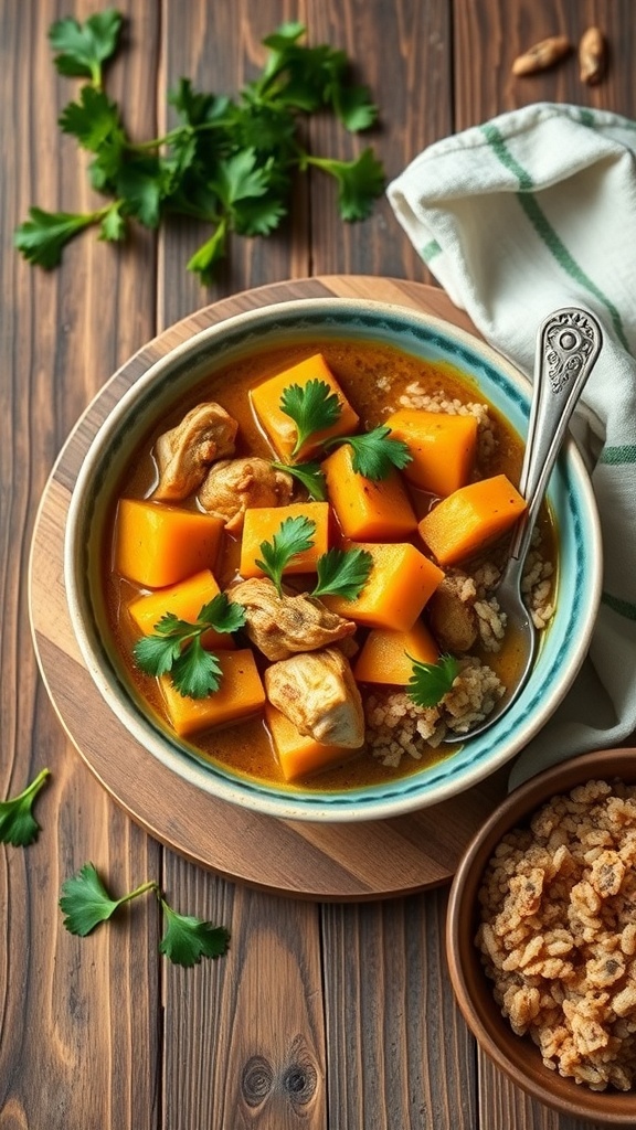 A bowl of Chicken and Butternut Squash Curry with rice and fresh cilantro on a wooden table.