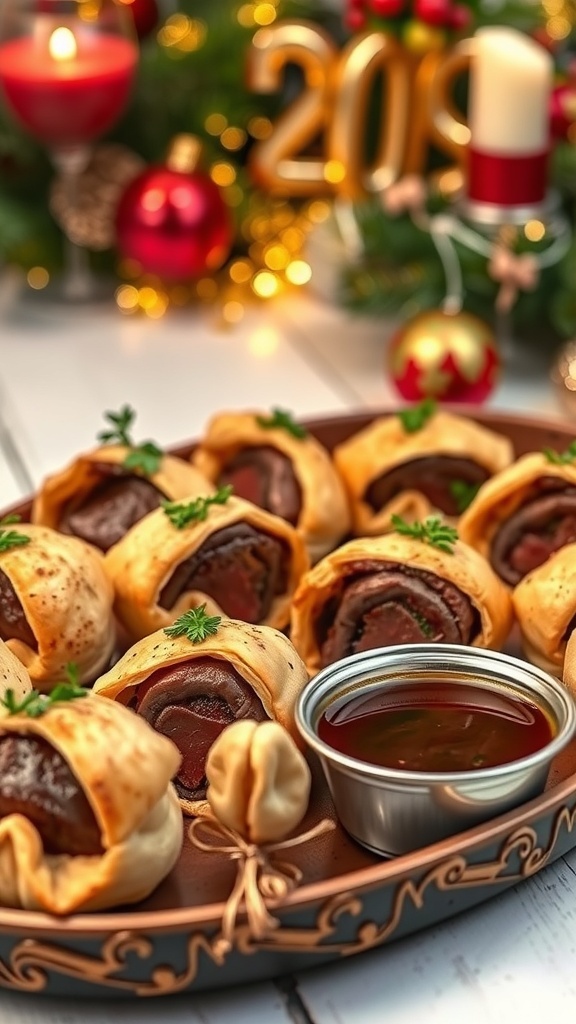 A platter of Beef Wellington bites with a dipping sauce, set against a festive background.