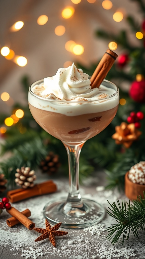 A festive cocktail topped with whipped cream and a cinnamon stick, surrounded by holiday decorations.