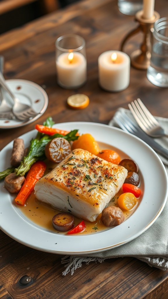 A plate of baked cod with roasted vegetables, featuring a golden fillet of fish surrounded by colorful carrots, bell peppers, and mushrooms, set on a rustic wooden table.