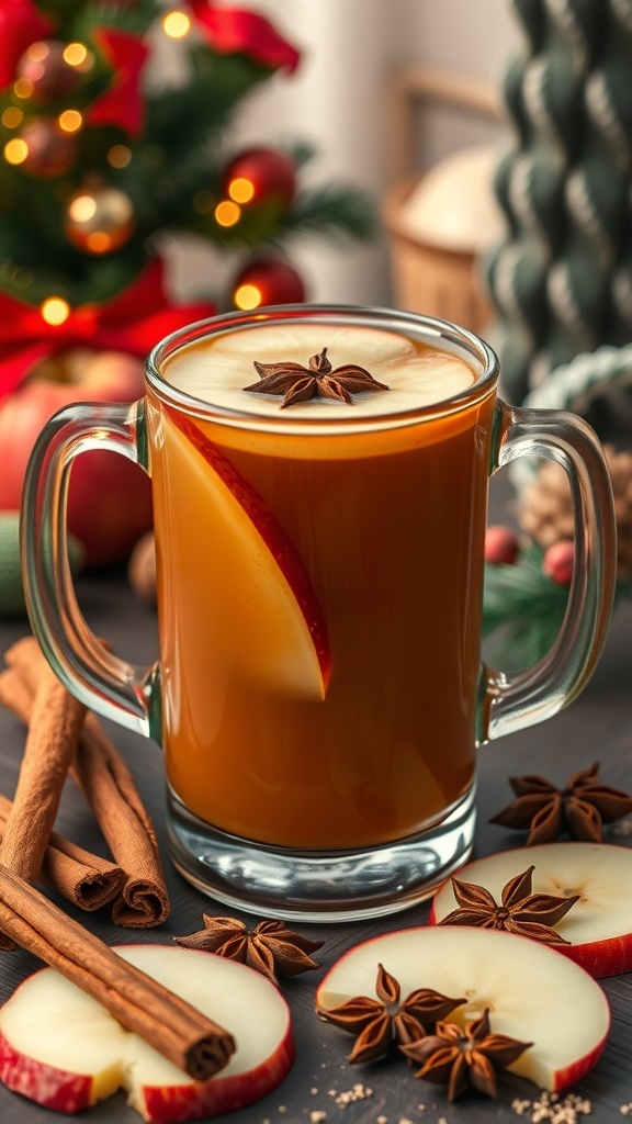 A glass of Gingerbread Spiced Apple Punch with apple slices and spices.