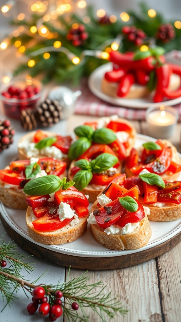 A festive platter of Christmas bruschetta topped with red peppers and basil, surrounded by holiday decorations.