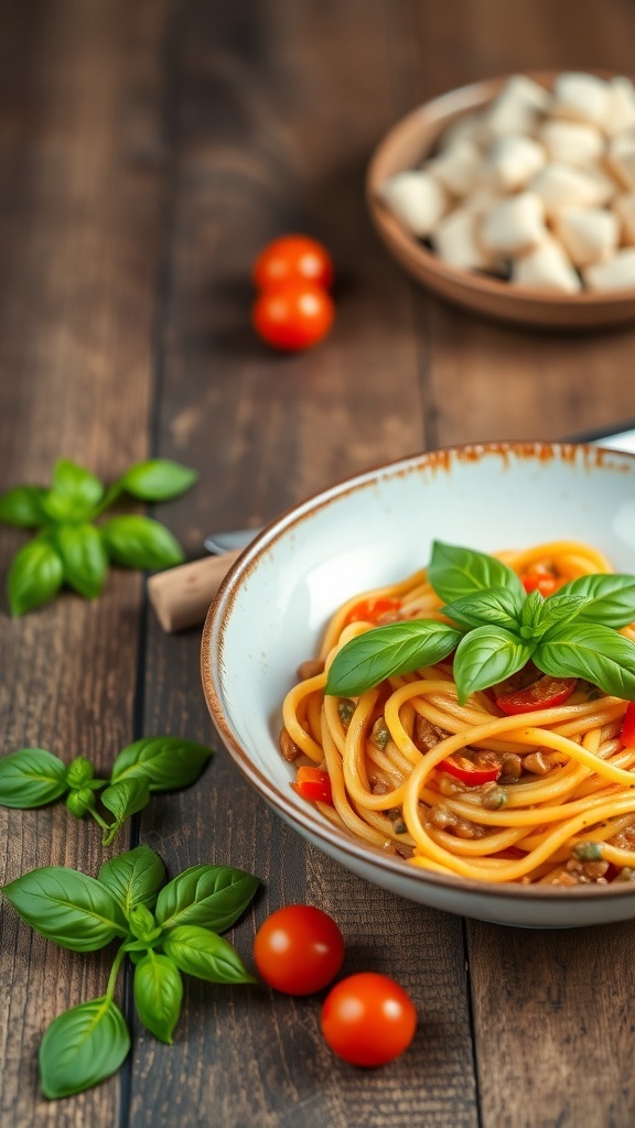 A bowl of creamy tomato basil lentil pasta garnished with fresh basil leaves, surrounded by cherry tomatoes and basil on a wooden table.