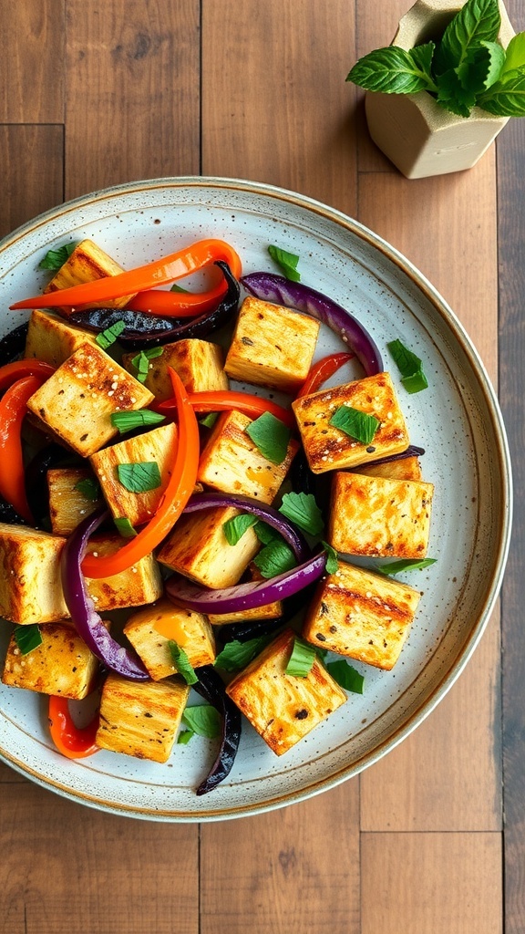 A plate of crispy baked tofu with colorful bell peppers and purple onions, garnished with fresh herbs.