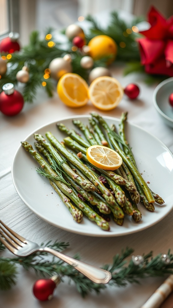 Plate of herb and lemon roasted asparagus with festive decorations