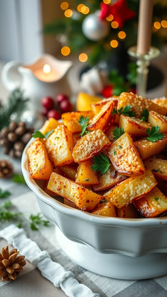 A bowl of crispy garlic Parmesan roasted potatoes garnished with parsley, set against a festive background.