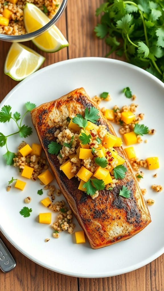 A plate of blackened tilapia topped with quinoa mango salsa, garnished with cilantro and lime.