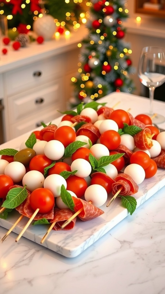 A platter of colorful antipasto skewers with cherry tomatoes, mozzarella balls, salami, and basil leaves.