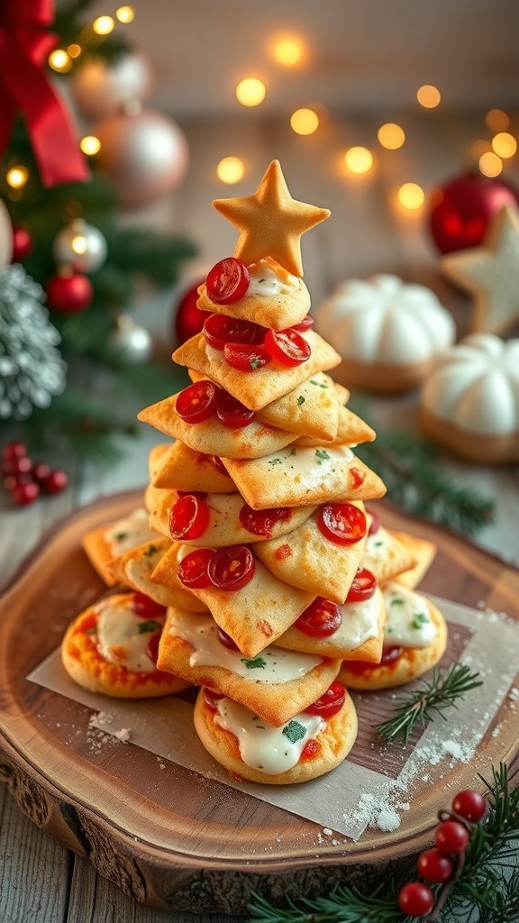 A festive Christmas tree made of pull apart pizza bites, topped with a star.