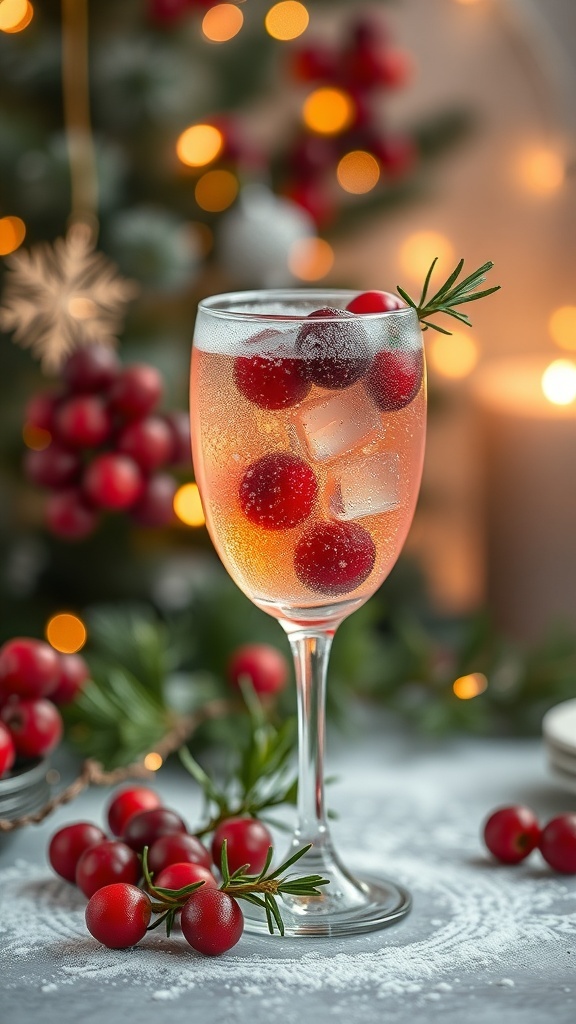 A glass of Frosted Cranberry Sparkler with cranberries and rosemary, set against a festive background.