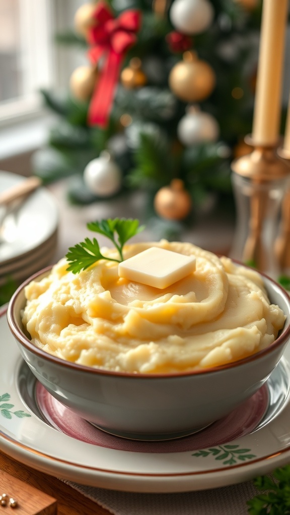 A bowl of creamy buttery mashed potatoes topped with a pat of butter and parsley, with a Christmas tree in the background.