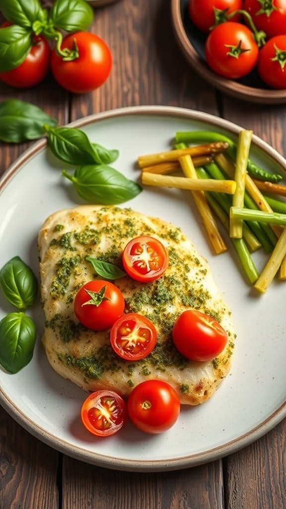 Plate of baked pesto chicken with cherry tomatoes and green vegetables