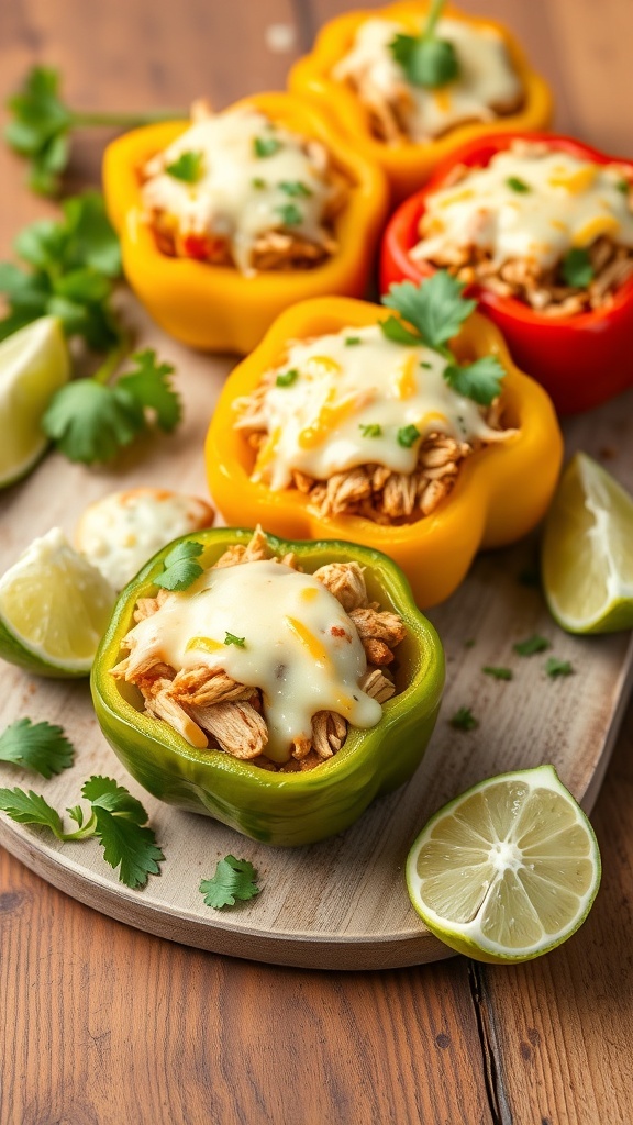 Crockpot Chicken Fajita Stuffed Peppers on a wooden platter with lime and cilantro