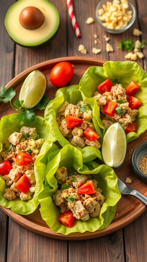 Quick Turkey Taco Lettuce Wraps with ground turkey, tomatoes, and lime on a wooden platter