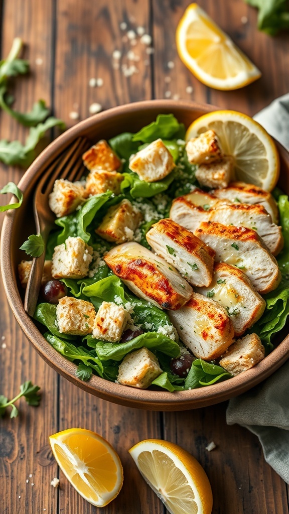 A bowl of Grilled Chicken Caesar Salad with grilled chicken, croutons, and lemon slices.