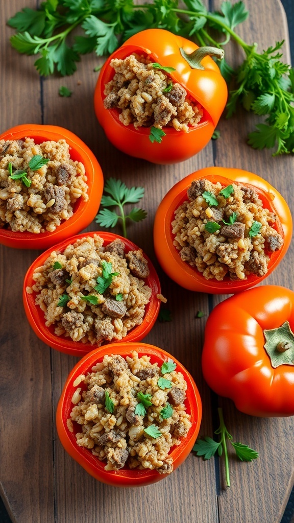 Ground Beef and Brown Rice Stuffed Tomatoes on a wooden board with fresh herbs