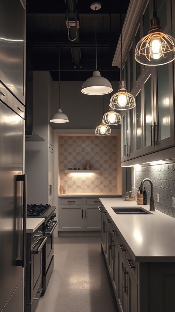 A modern galley kitchen with pendant lights and under-cabinet lighting.