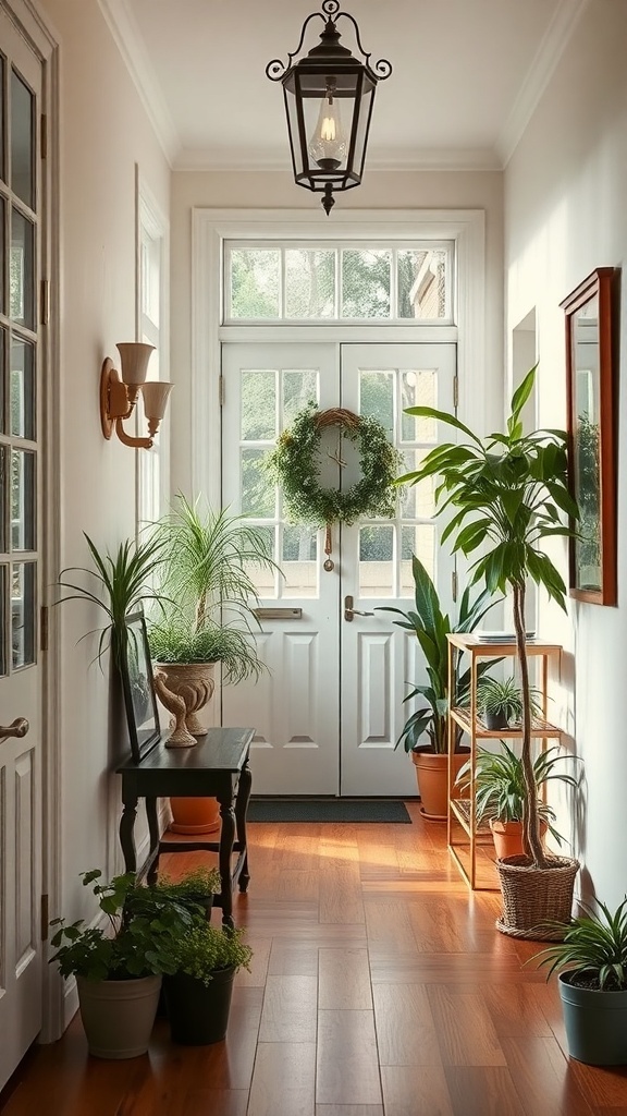 Small Foyer Ideas Entryway A bright foyer with various plants, a table, and a welcoming atmosphere.