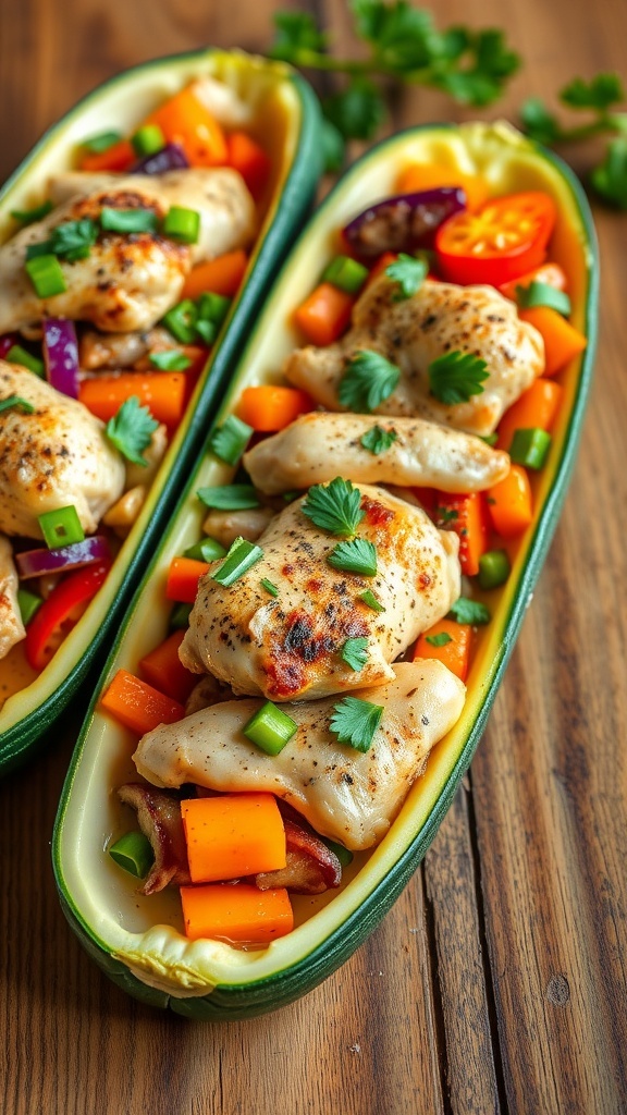 Chicken and vegetable stuffed zucchini boats filled with grilled chicken and colorful vegetables.