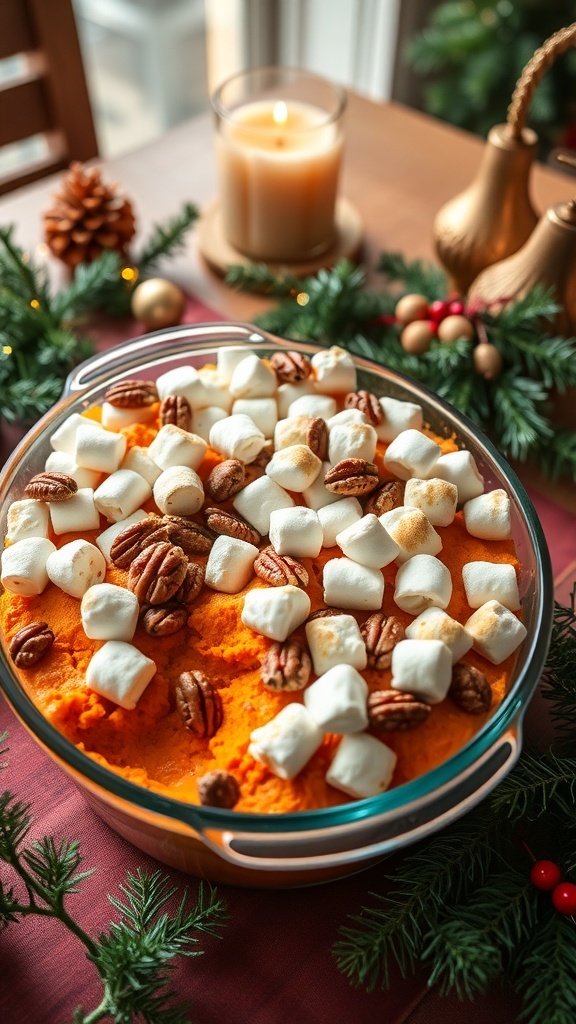 A delicious sweet potato casserole topped with marshmallows and pecans, set on a festive table.