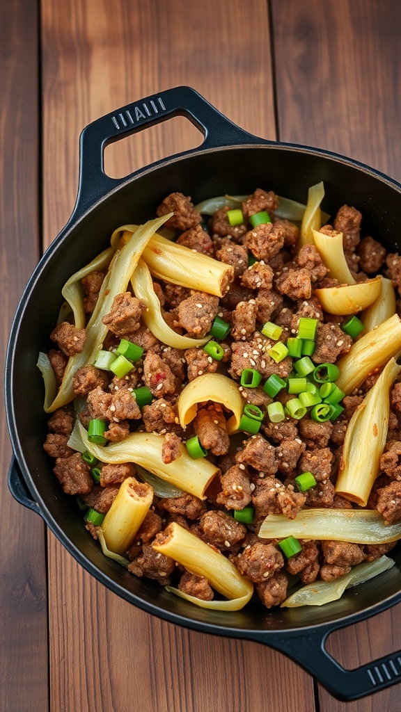 A delicious one pan ground beef and cabbage stir fry with green onions