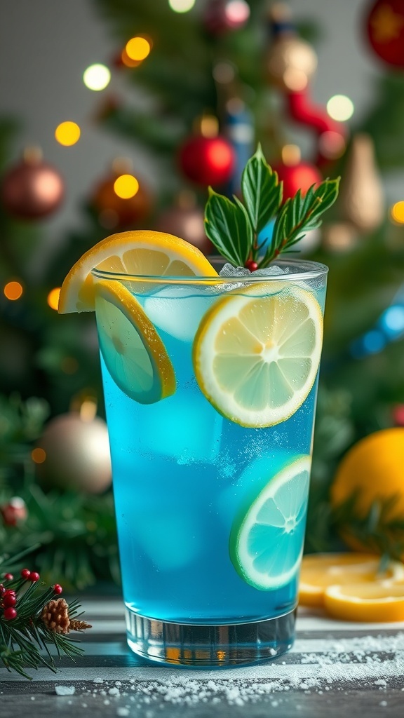 A glass of vibrant blue lemonade with lemon slices and mint leaves, decorated for Christmas.
