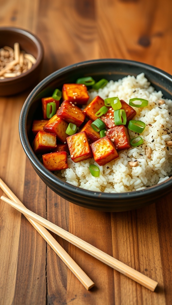 A bowl of Teriyaki Tofu and Vegetable Rice with green onions on top.