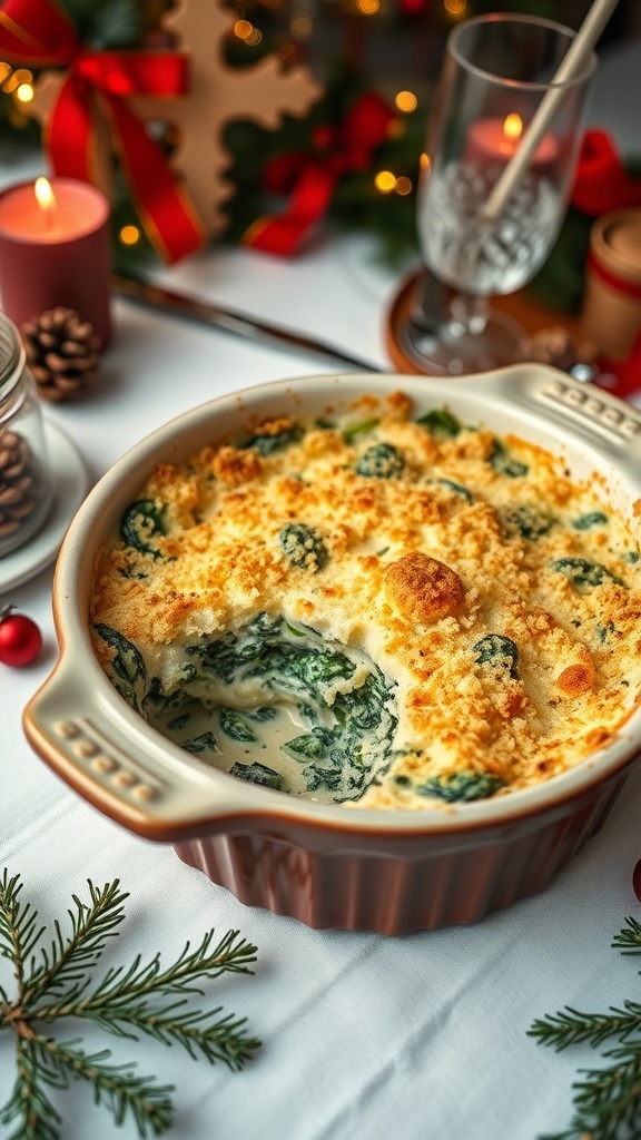 A creamy spinach gratin in a baking dish, topped with a golden crust, surrounded by holiday decorations.