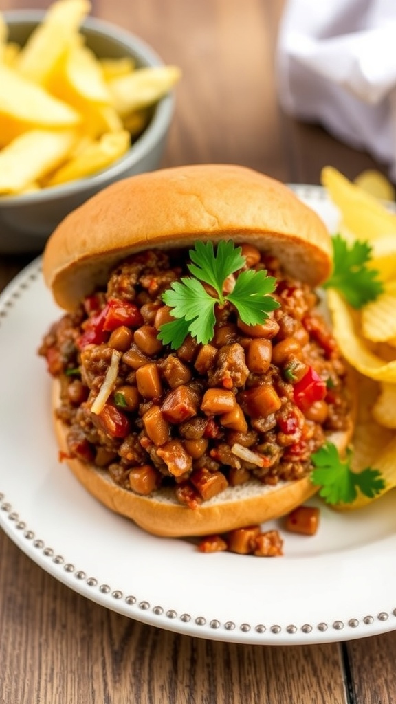 Beef and Lentil Sloppy Joes Recipe Beef and Lentil Sloppy Joes on a bun, garnished with parsley, served with potato chips on a rustic table.