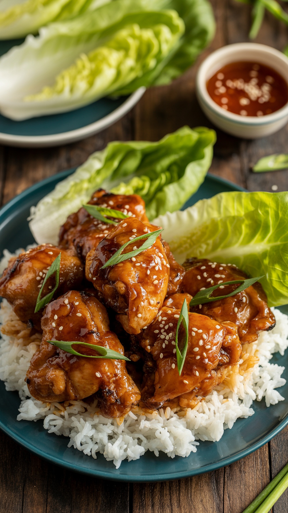 Sticky Thai-Inspired Sweet Chili Chicken Thighs Recipe Sticky sweet chili chicken thighs on rice with lettuce wraps and garnished with green onions and sesame seeds.