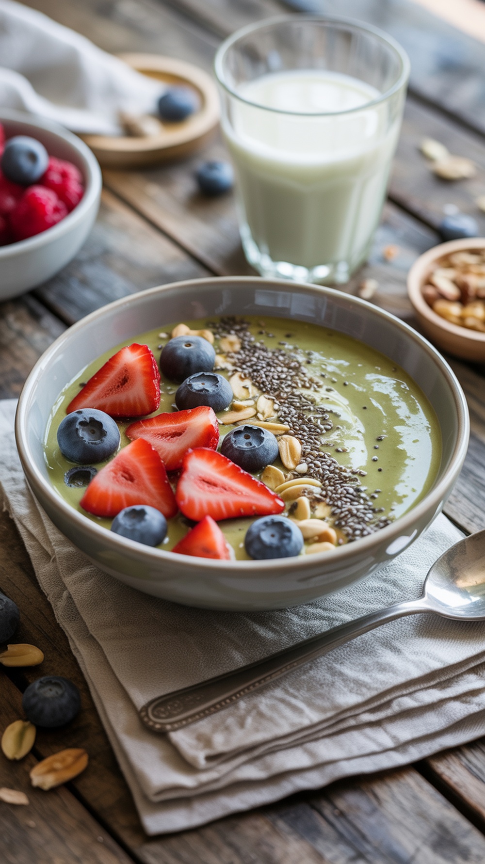 A bowl of matcha green tea high protein overnight oats topped with strawberries, blueberries, and chia seeds.