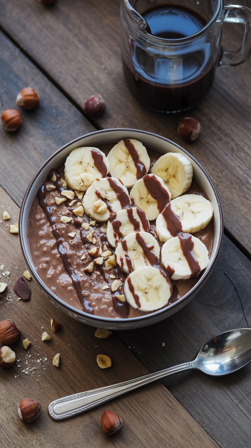 A bowl of chocolate hazelnut overnight oats topped with banana slices and drizzled with chocolate.