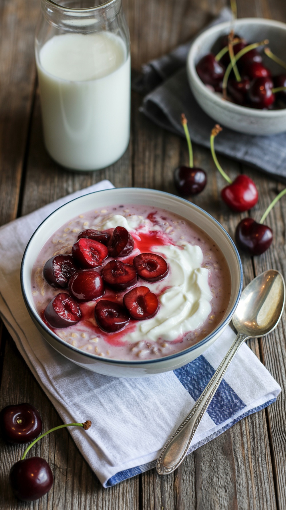A bowl of Cherry Vanilla High Protein Overnight Oats topped with fresh cherries, yogurt, and a glass of milk in the background.