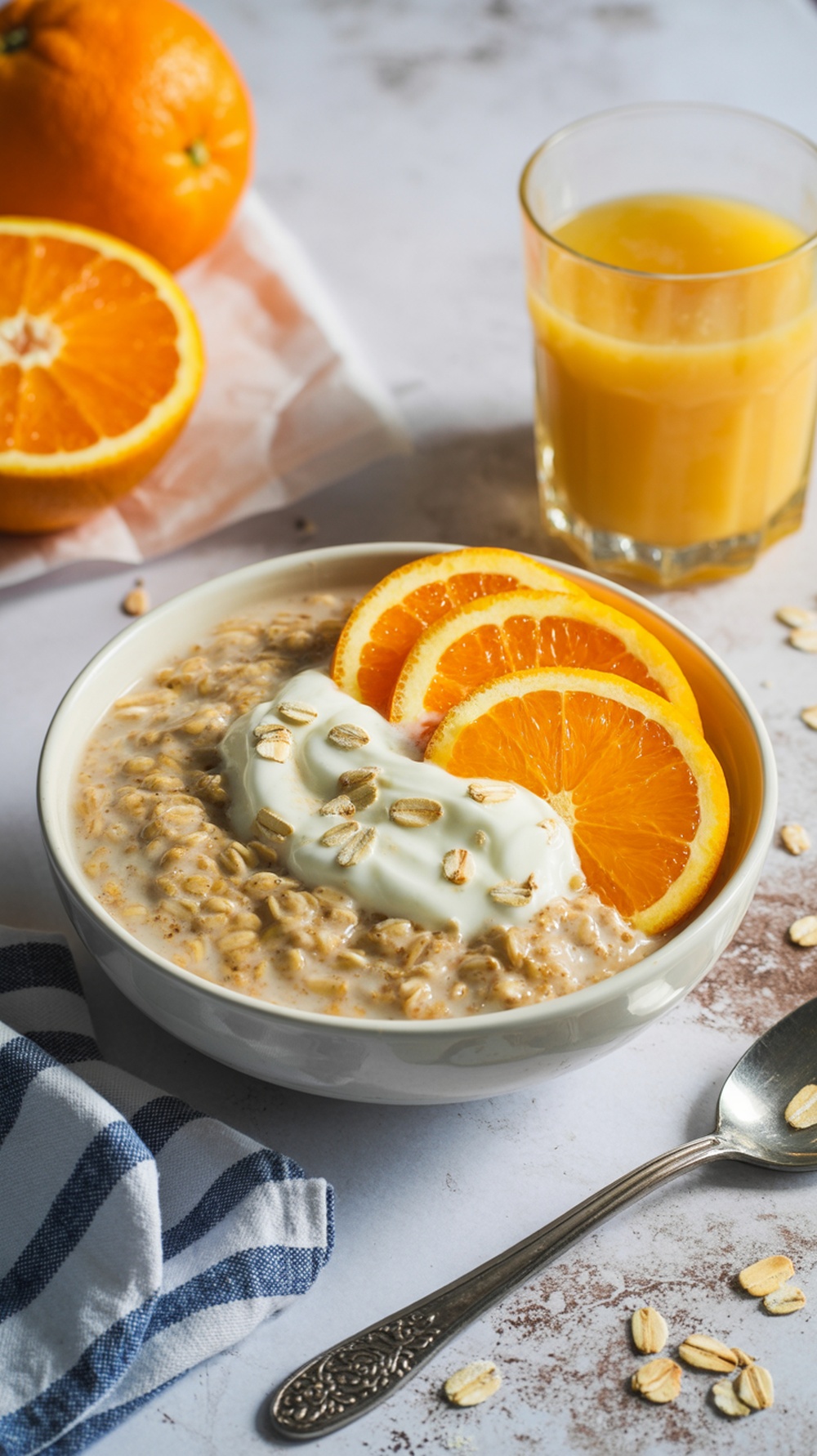 Bowl of orange creamsicle overnight oats with orange slices and yogurt