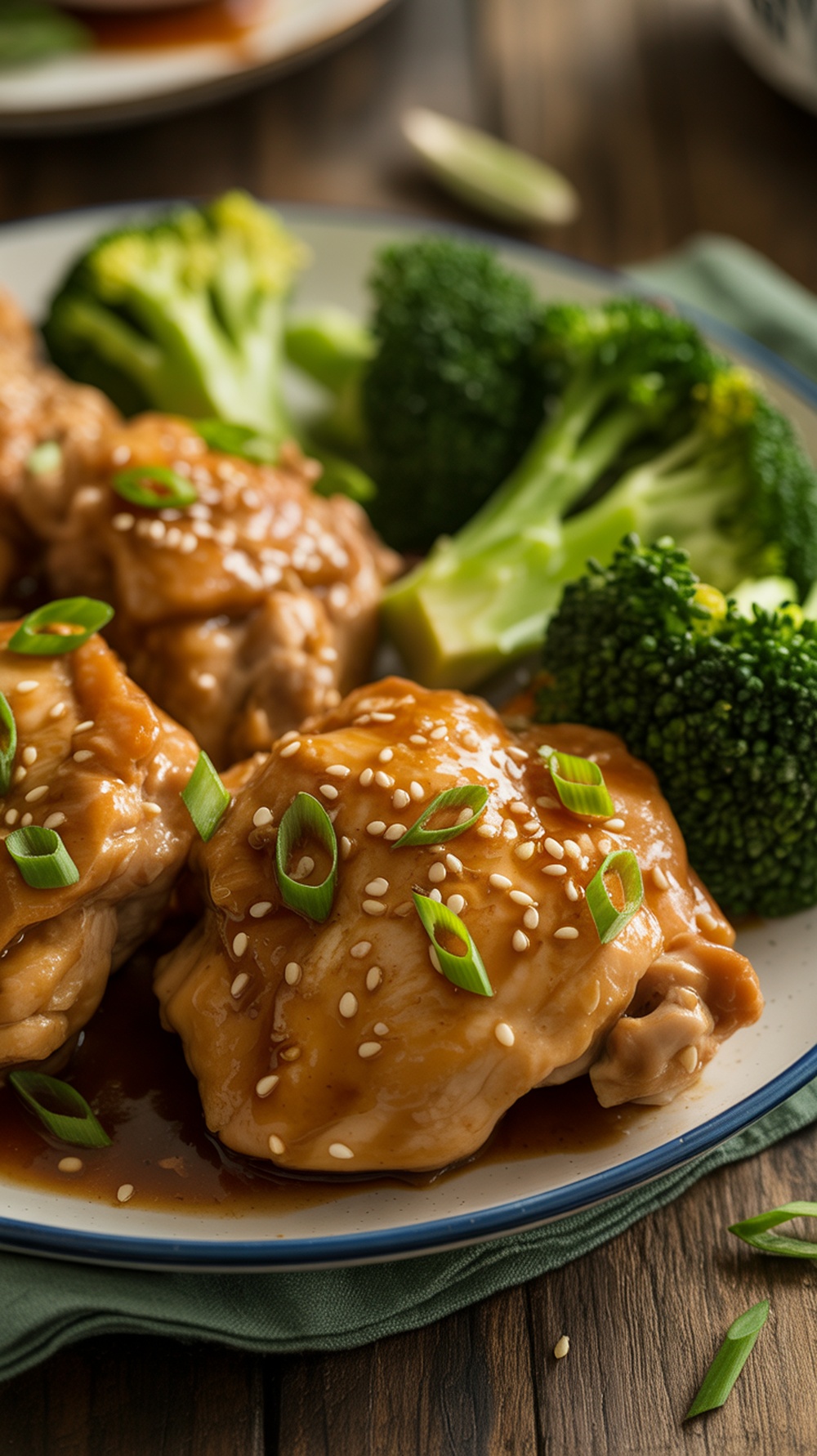 Slow Cooker Teriyaki Chicken Thighs Recipe Slow cooker teriyaki chicken thighs with steamed broccoli, garnished with green onions and sesame seeds.